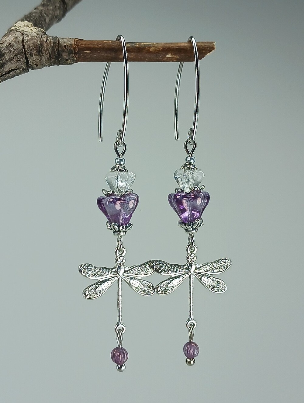 HAND CRAFTED Silver Dragonfly Earrings Purple Czech Glass Flower Fairycore Boho - Picture 3 of 5